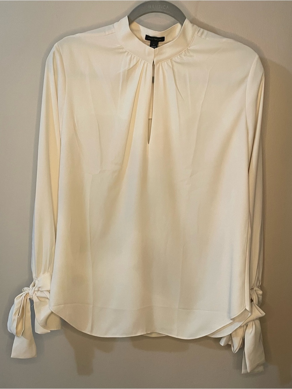 Ann Taylor Ivory Tie-Sleeve Mock Neck Blouse
